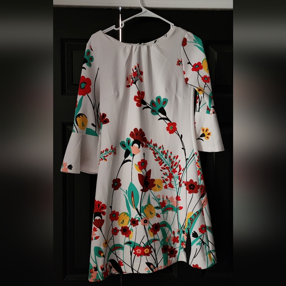 New York & Company White A-Line Dress with Bell Sleeves